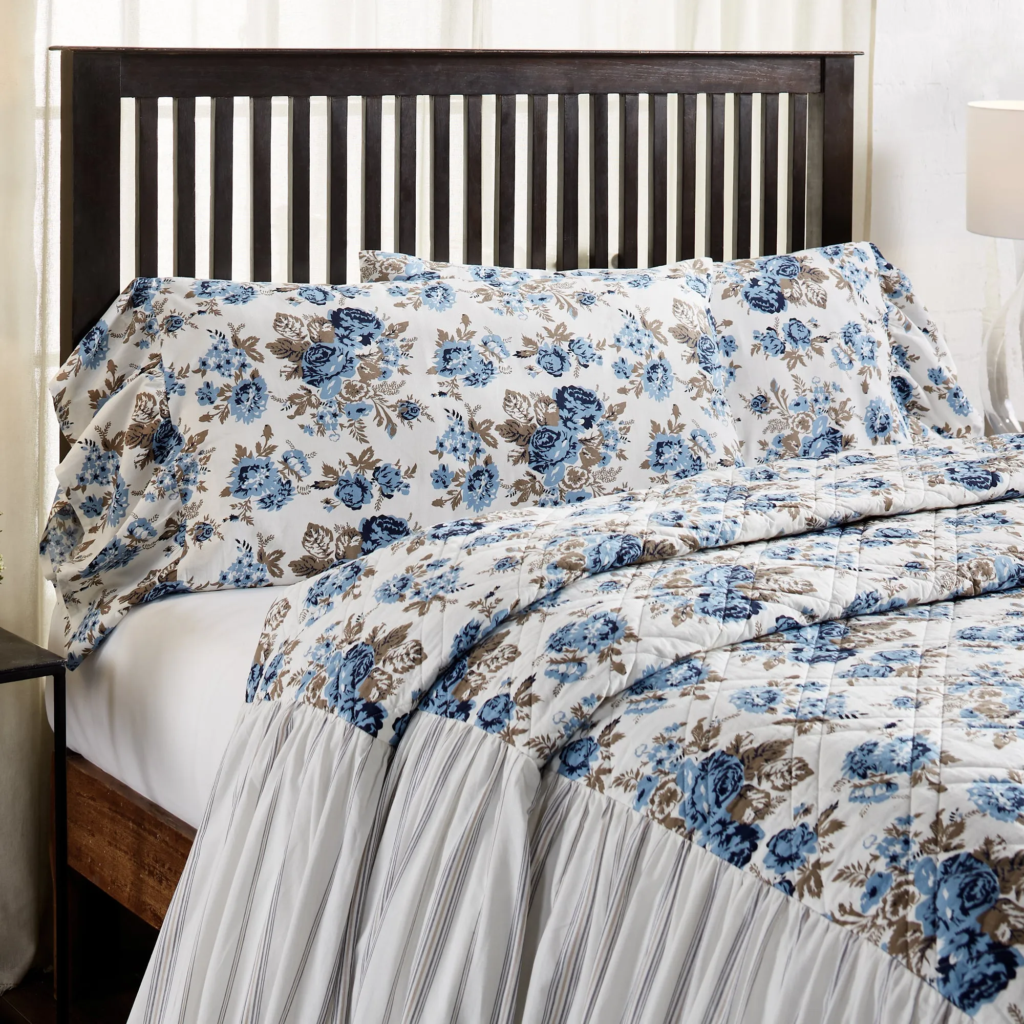 Annie Blue Floral Ruffled King Pillow Case Set of 2 21x36 8