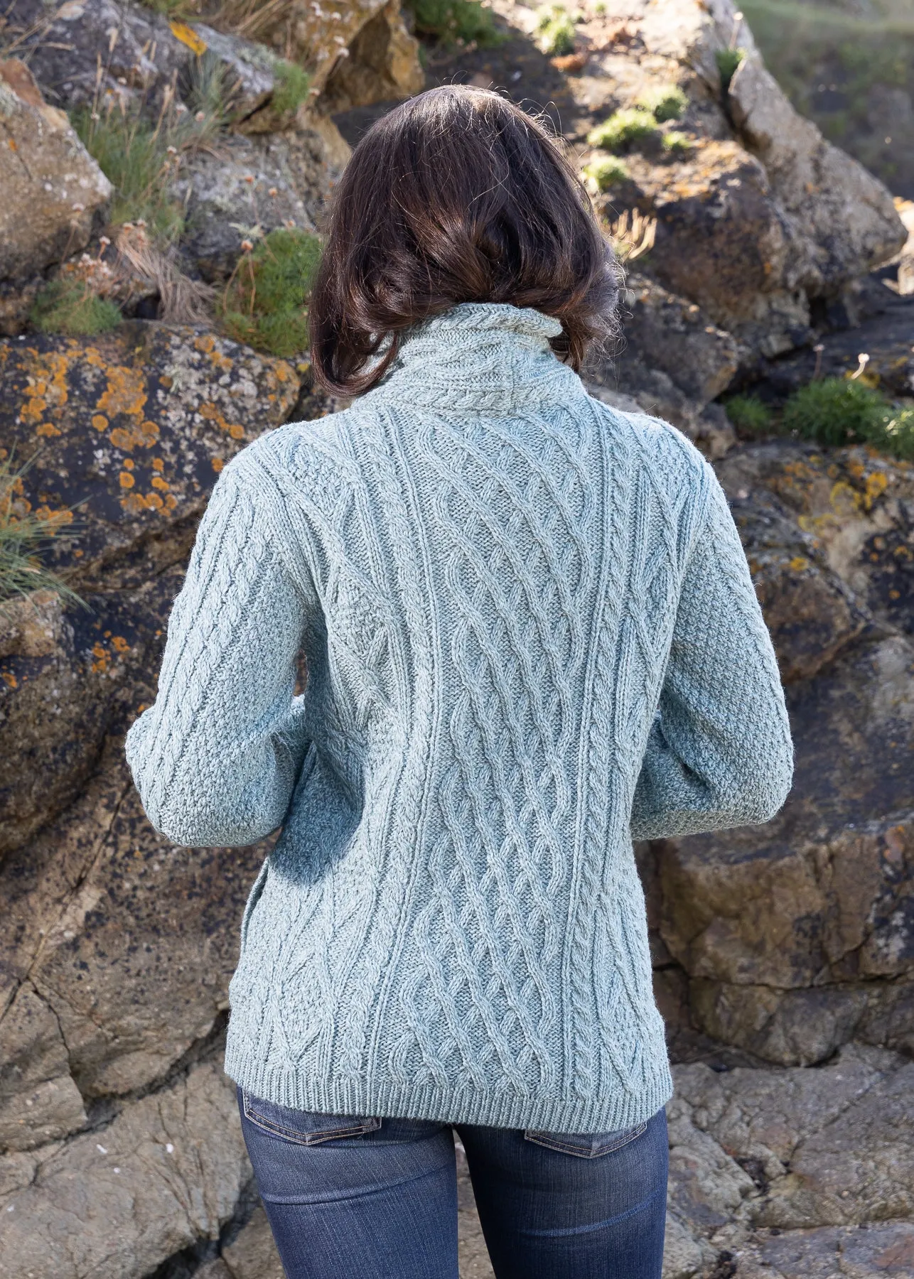 Aran Bikers Claddagh Side Zip Cardigan | Aqua