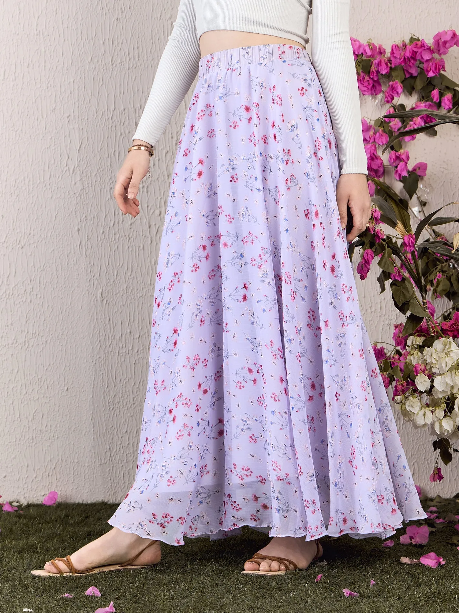 Berrylush Women Purple & Pink Floral Printed High-Rise Waist Slip-on Pleated Maxi Skirt