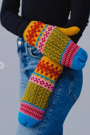 Blue, Mustard & Red Patterned Knit Mittens