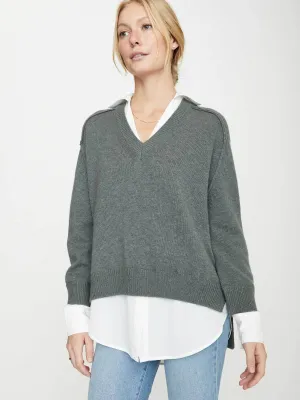 BROCHU WALKER - V-Neck Layered Pullover Balsam Olive w/ White