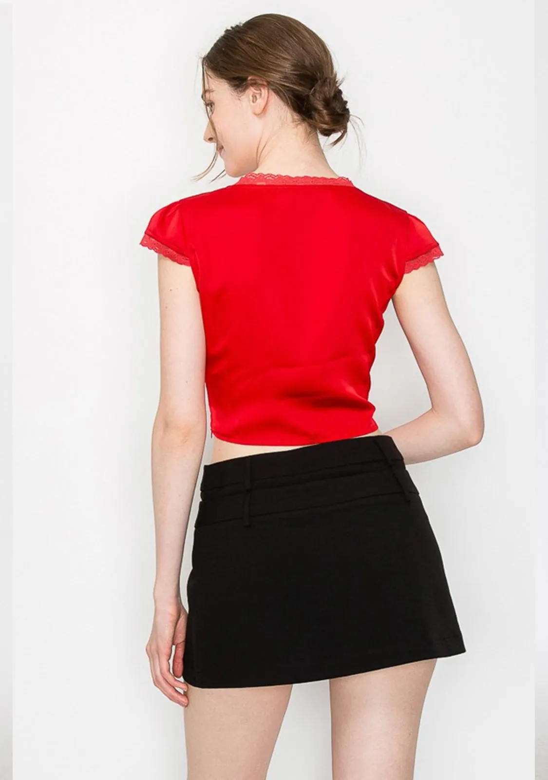 Cap Sleeves Satin Crop Top With Edge Lace