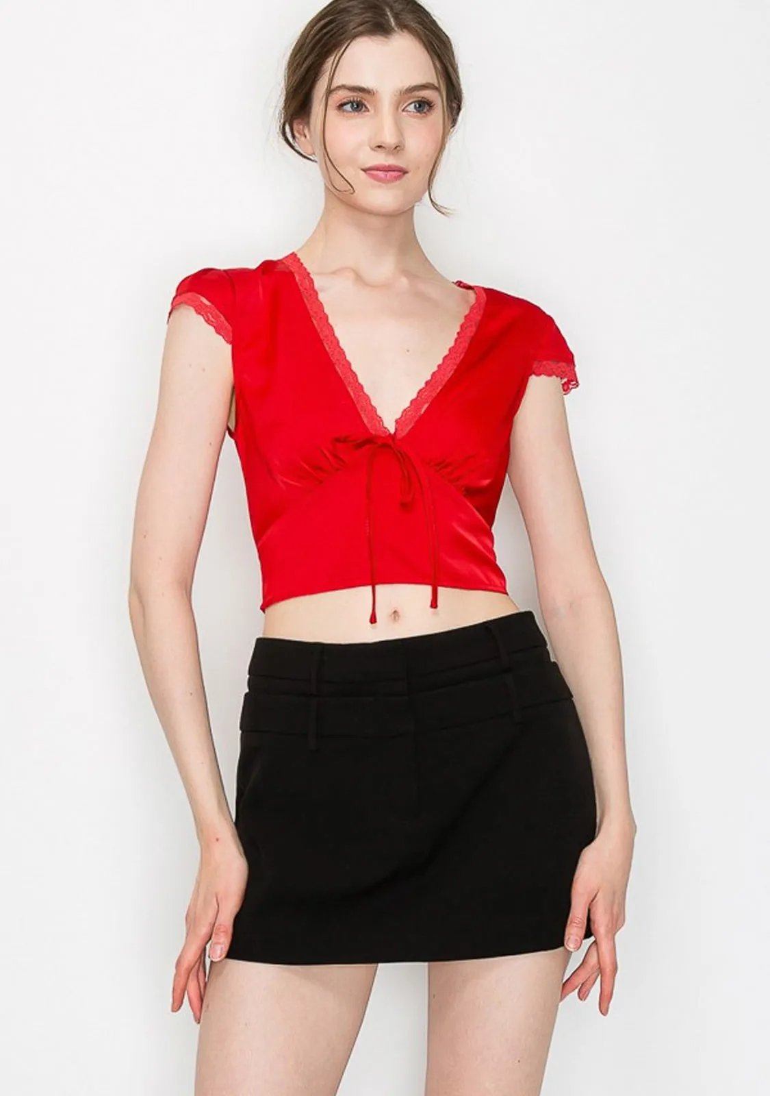 Cap Sleeves Satin Crop Top With Edge Lace