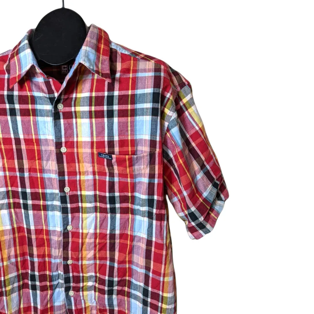 CHAPS RALPH LAUREN Red Blue Plaid Button Down Short Sleeve Shirt Large