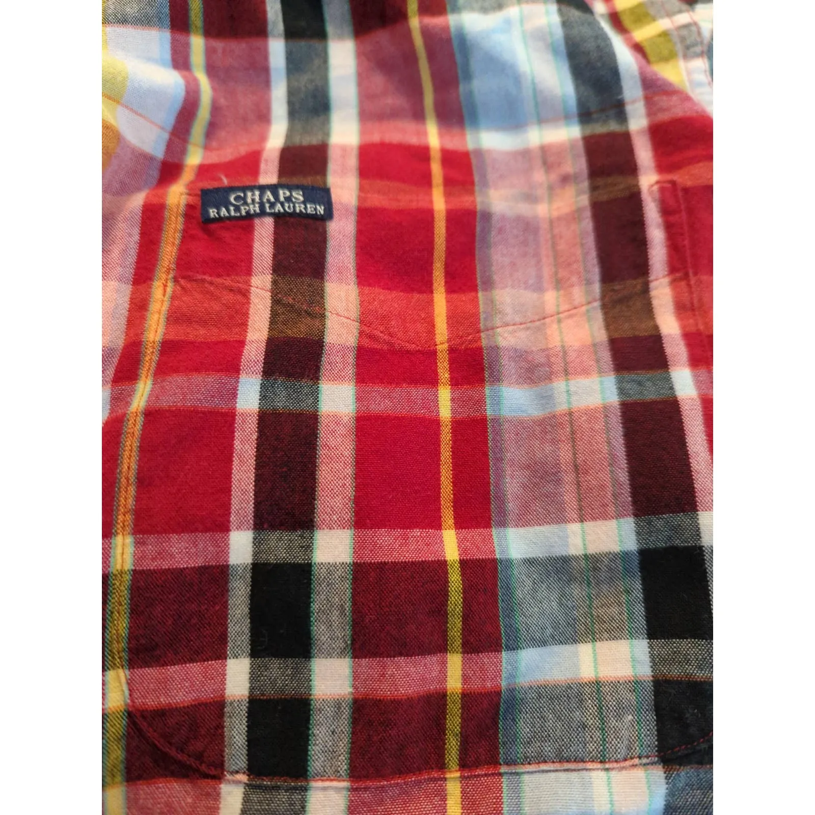 CHAPS RALPH LAUREN Red Blue Plaid Button Down Short Sleeve Shirt Large