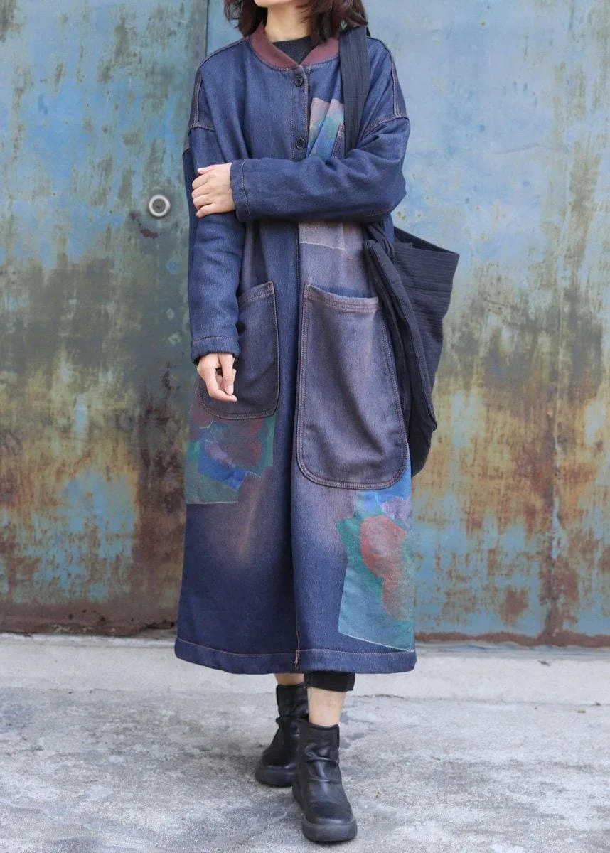 Classy blue prints Fashion trench coat Inspiration two big pockets thick coats