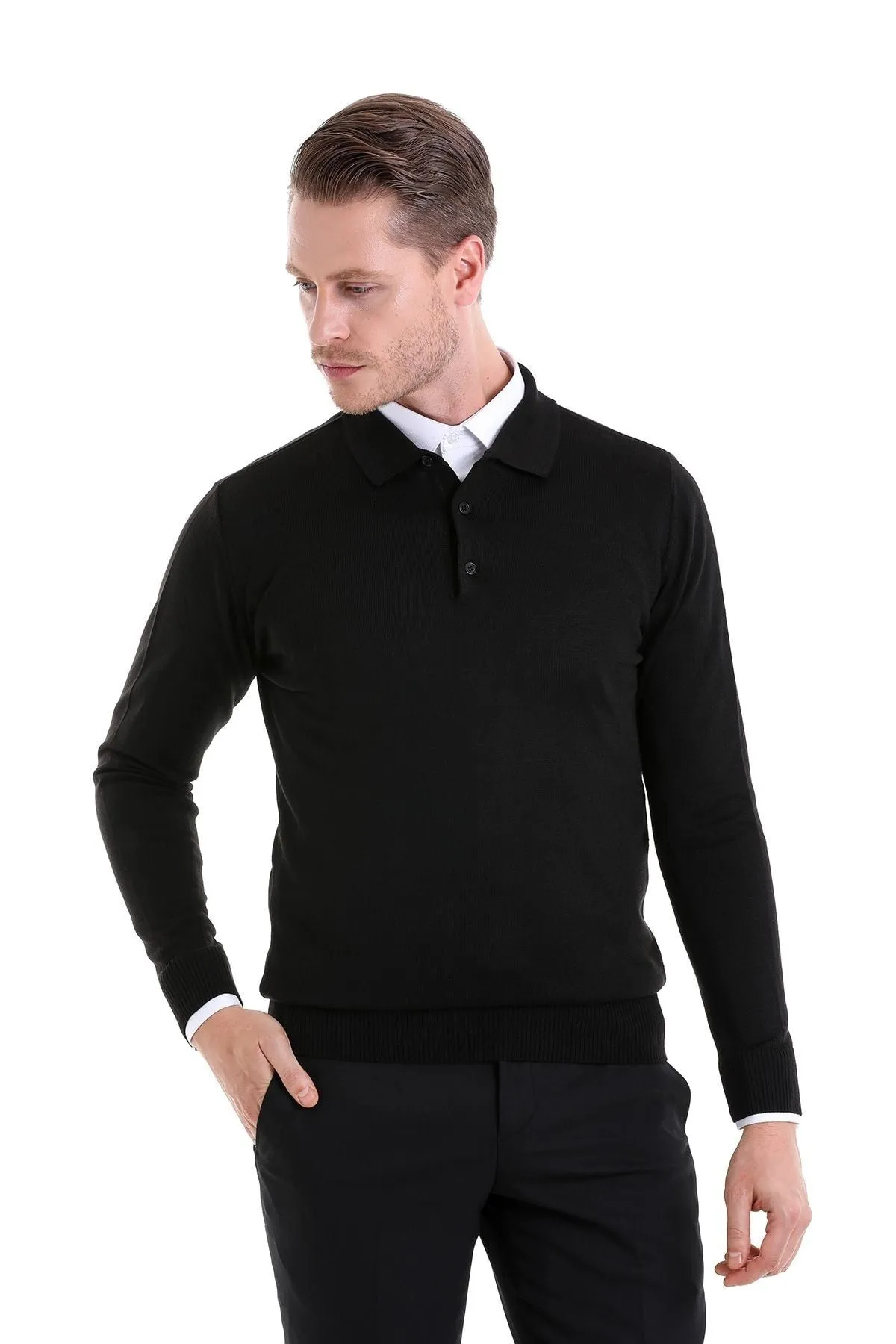 Comfort Fit Wool Blend Black Polo Sweater