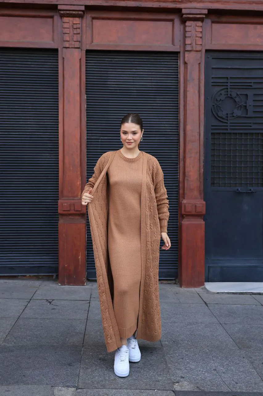 Cozy Elegance: Two-Piece Women's Maxi Sweater Dress and Knitted Over Coat