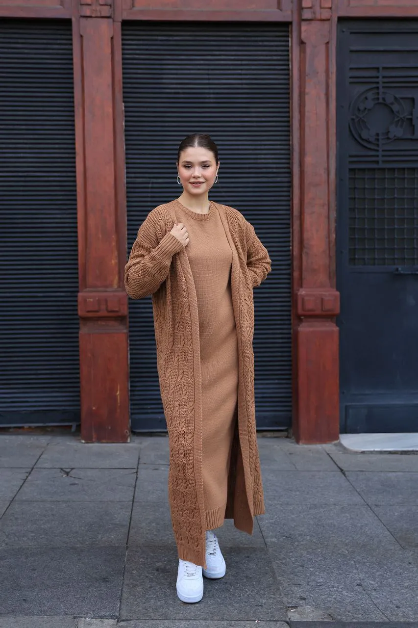 Cozy Elegance: Two-Piece Women's Maxi Sweater Dress and Knitted Over Coat