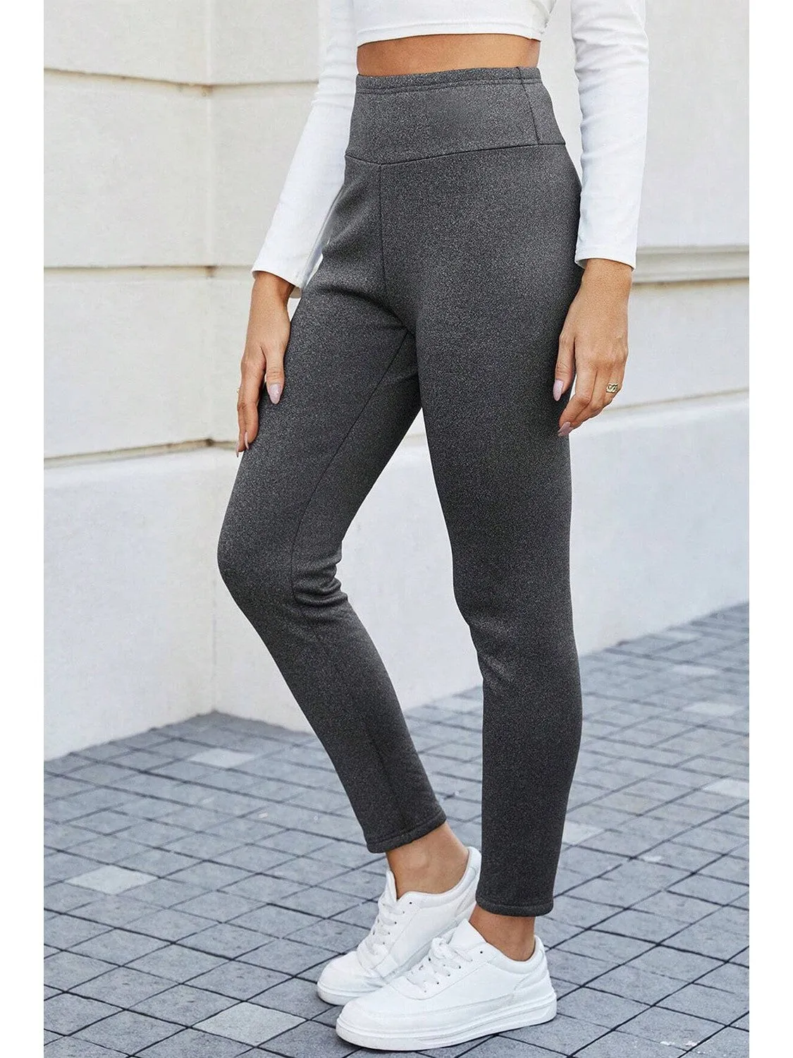 Dark Grey Fleece Lined Thermal Knit Ankle High Waist Leggings