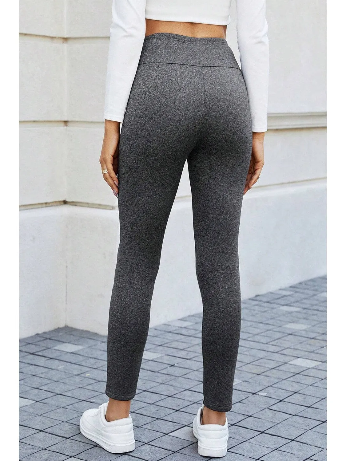 Dark Grey Fleece Lined Thermal Knit Ankle High Waist Leggings