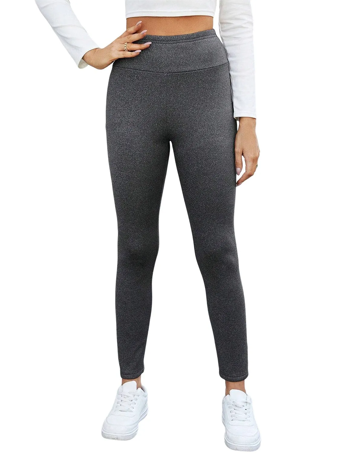 Dark Grey Fleece Lined Thermal Knit Ankle High Waist Leggings