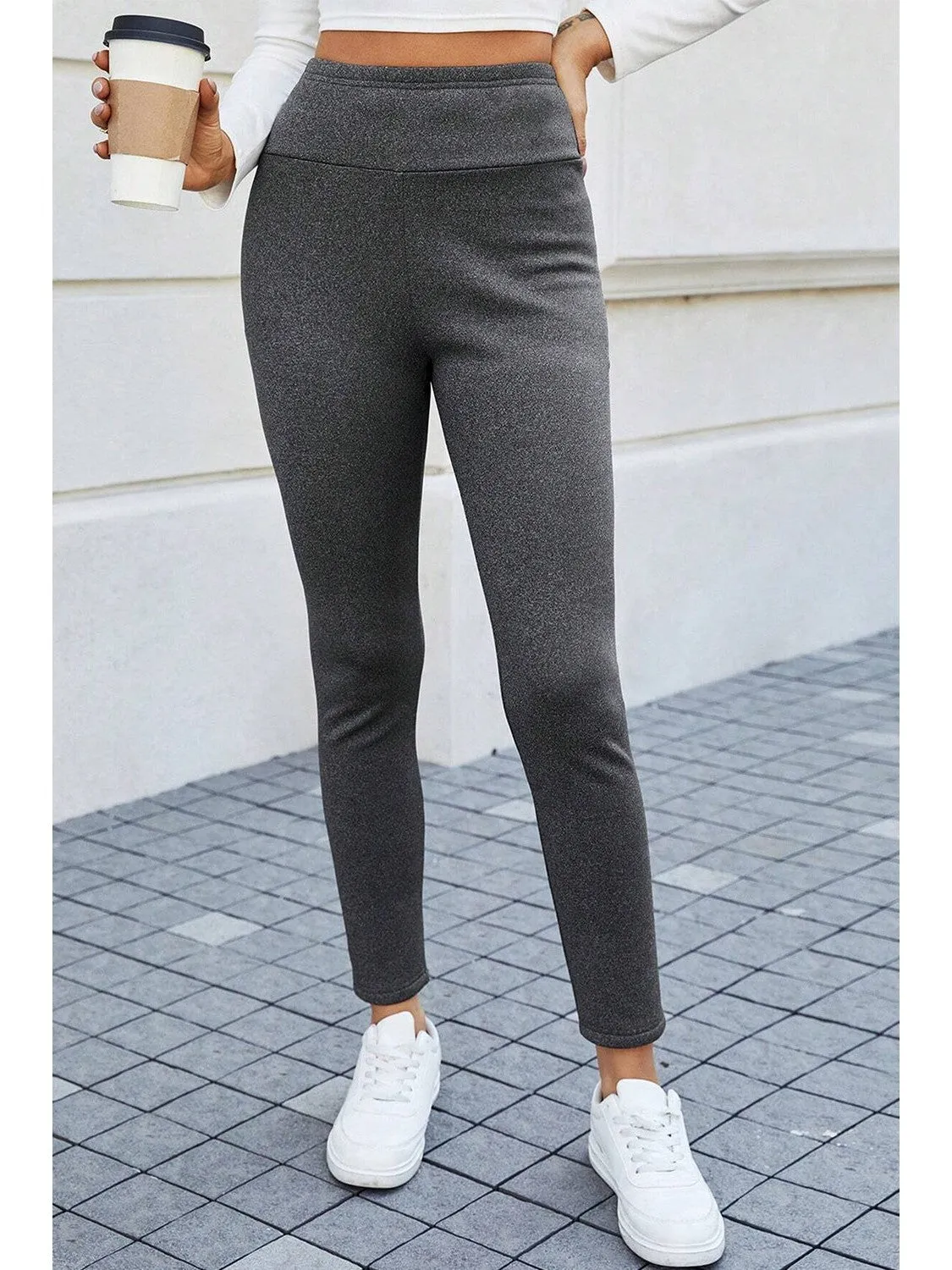 Dark Grey Fleece Lined Thermal Knit Ankle High Waist Leggings