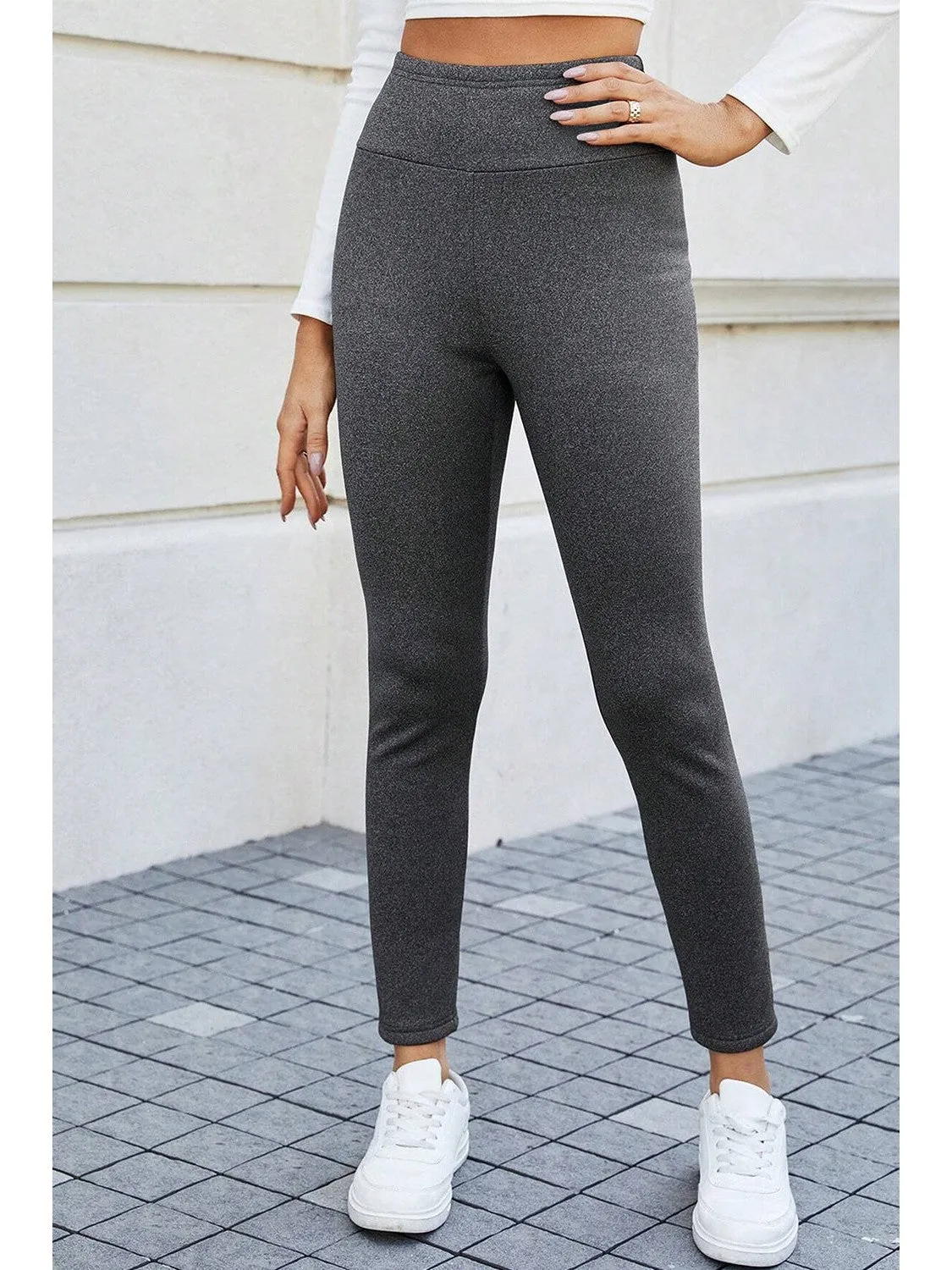 Dark Grey Fleece Lined Thermal Knit Ankle High Waist Leggings