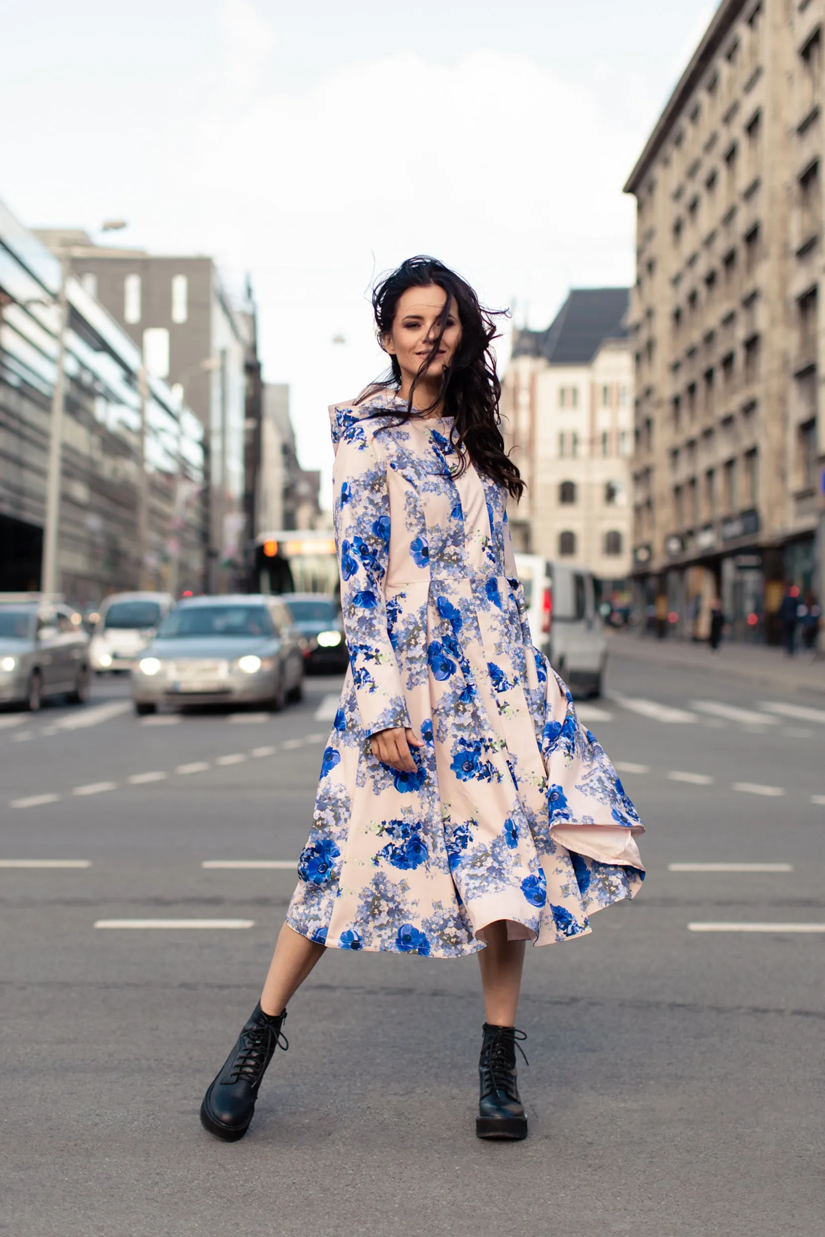 Fit and Flare Coat with Pleated Skirts in Beige and Blue | 'Cornflower Blue'