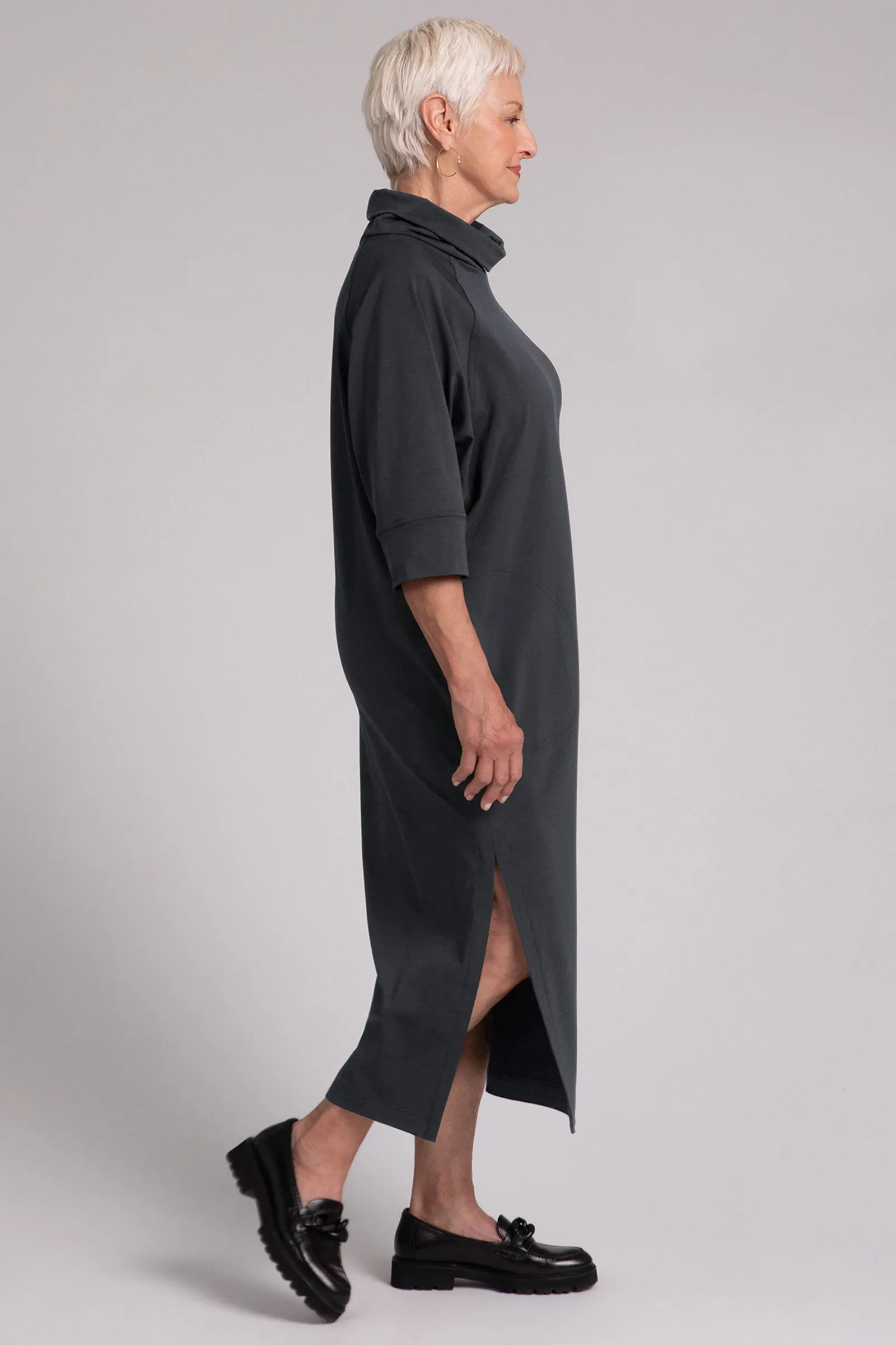 Fleece Back Jersey Cozy Raglan Funnel Neck Dress | Graphite