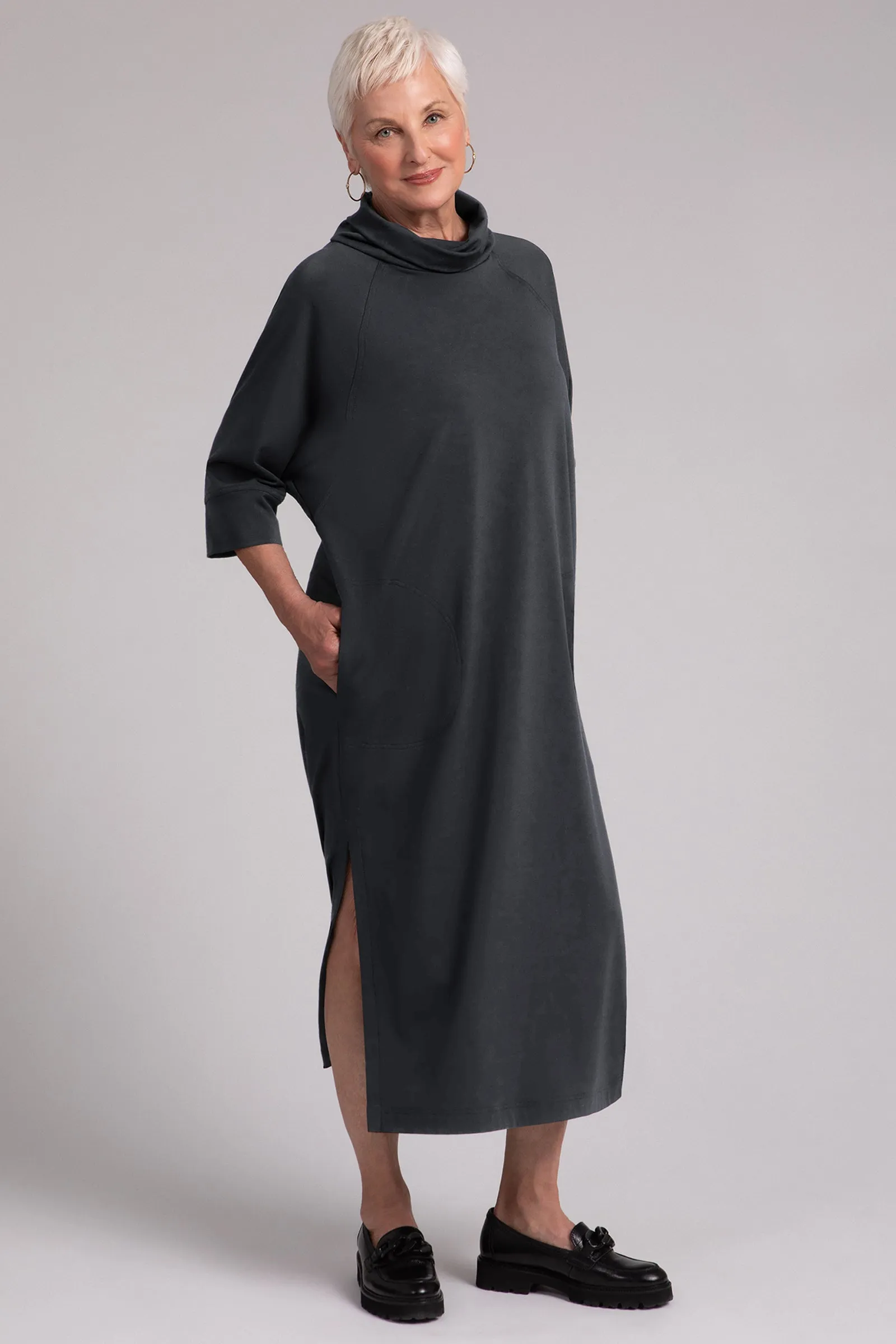 Fleece Back Jersey Cozy Raglan Funnel Neck Dress | Graphite