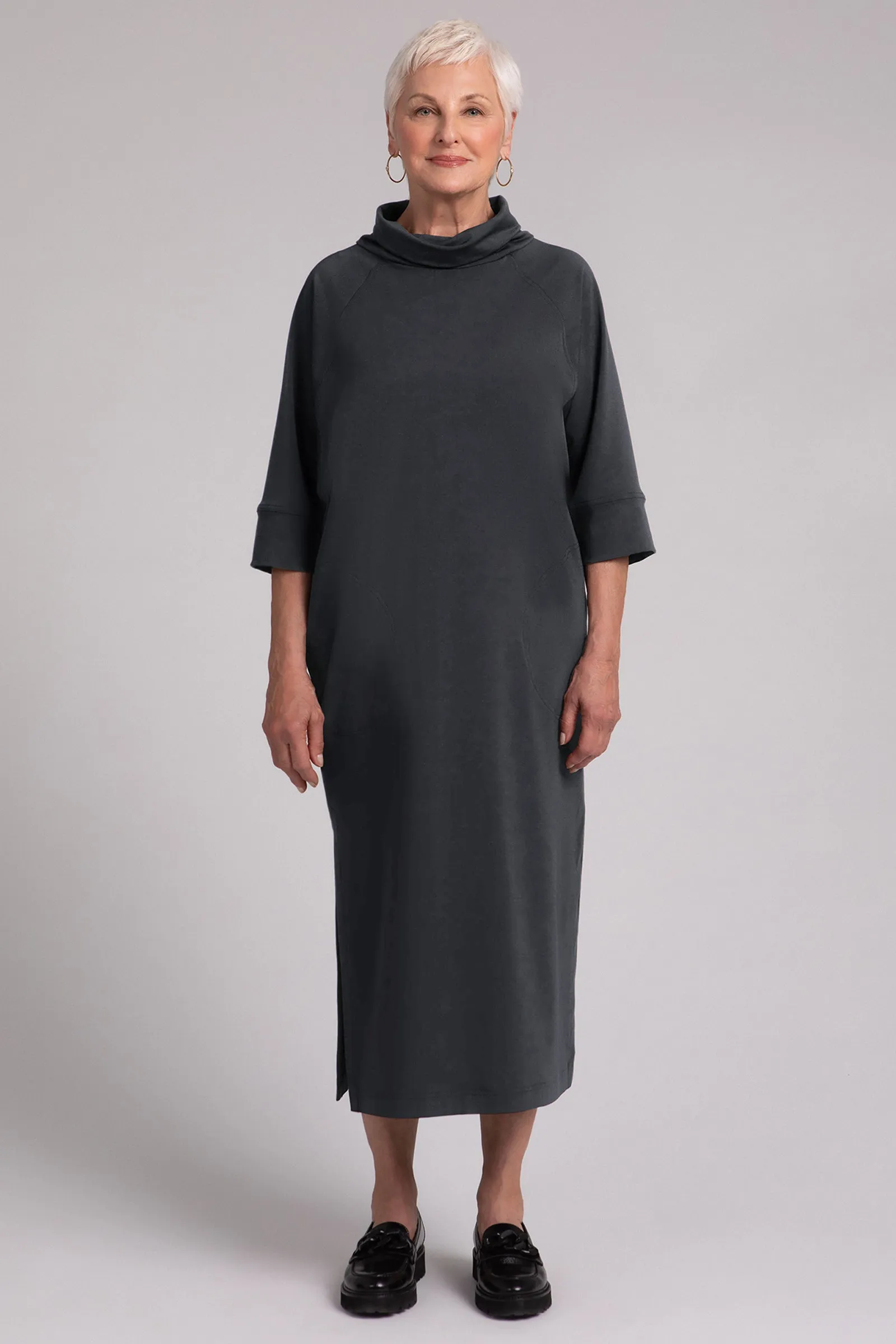 Fleece Back Jersey Cozy Raglan Funnel Neck Dress | Graphite