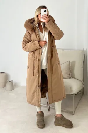 Freya camel hooded faux fur duvet coat