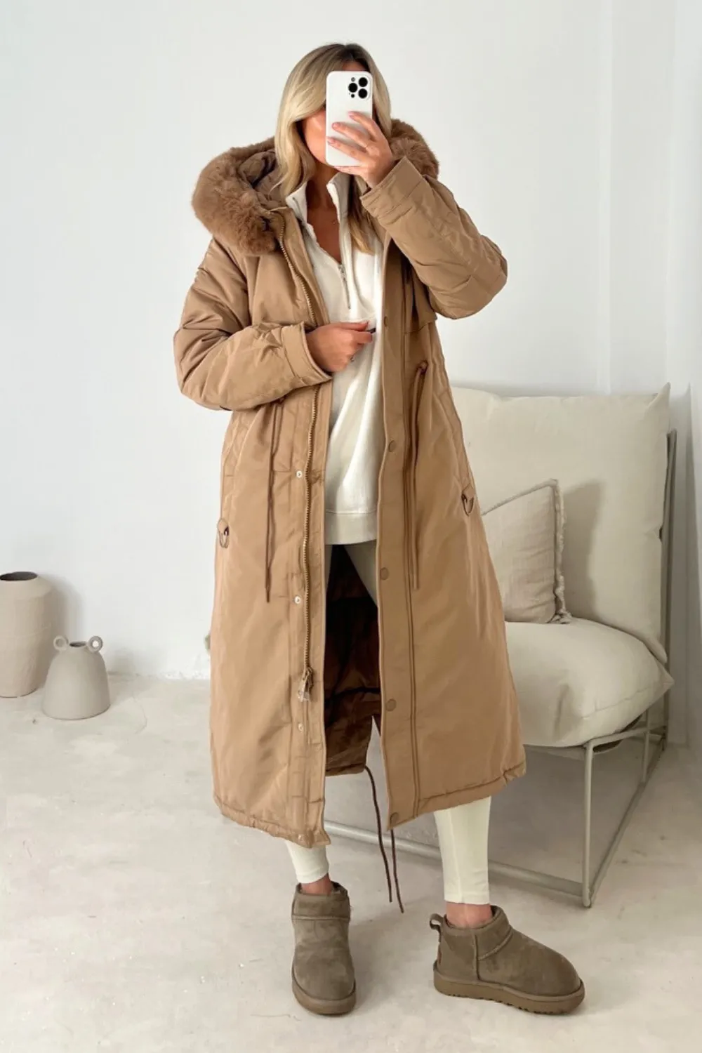 Freya camel hooded faux fur duvet coat