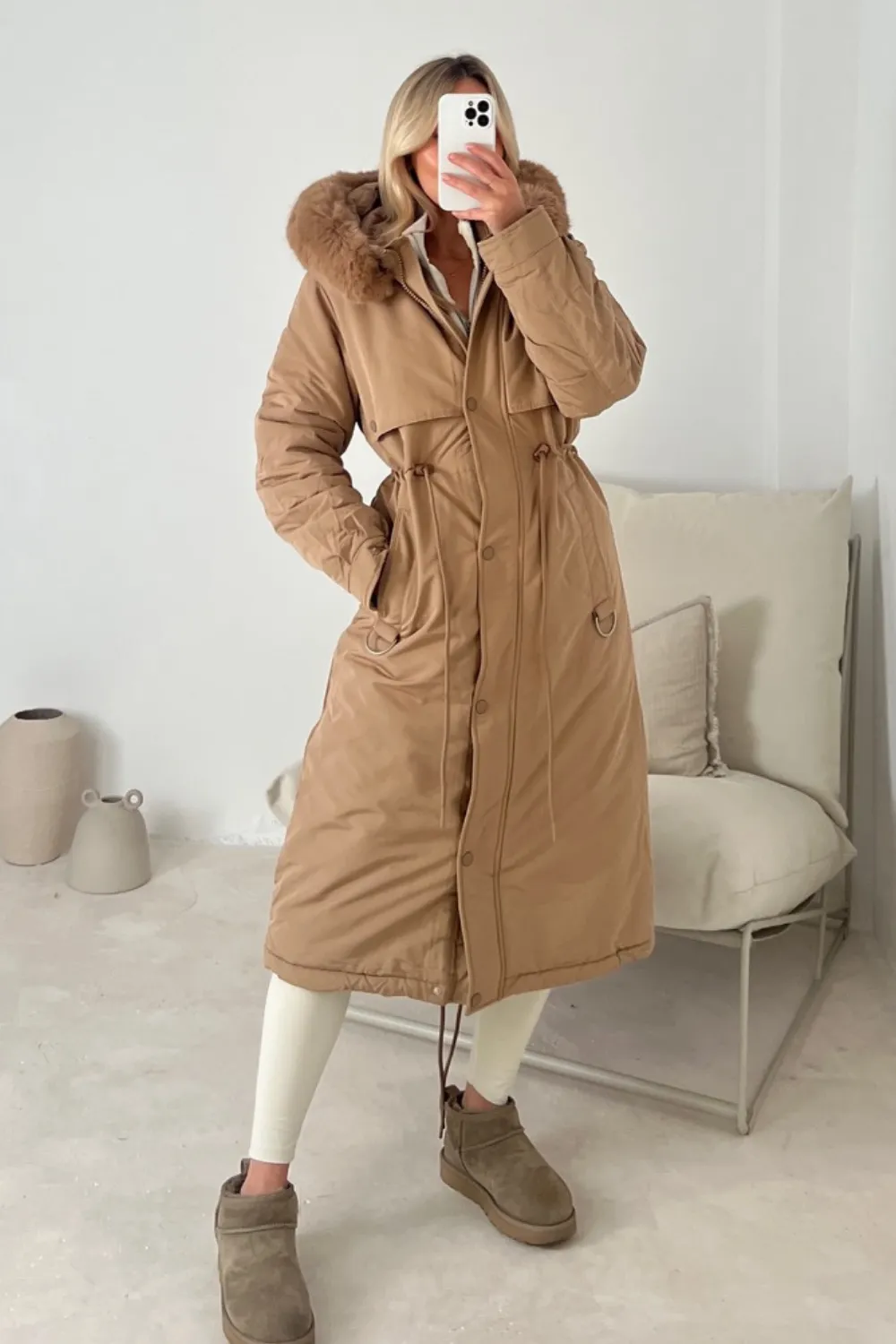 Freya camel hooded faux fur duvet coat