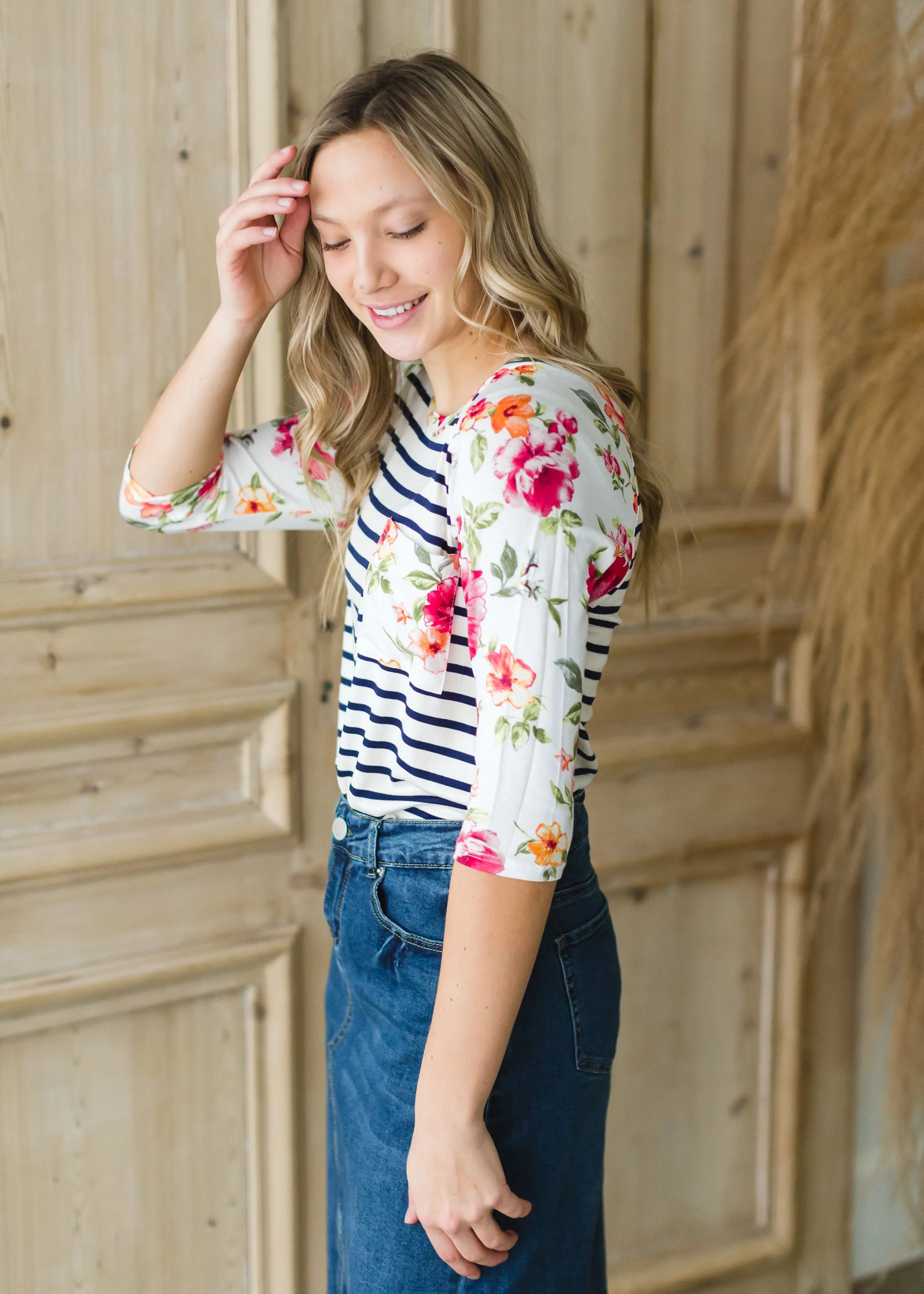 Ivory Floral   Striped Raglan Top - FINAL SALE