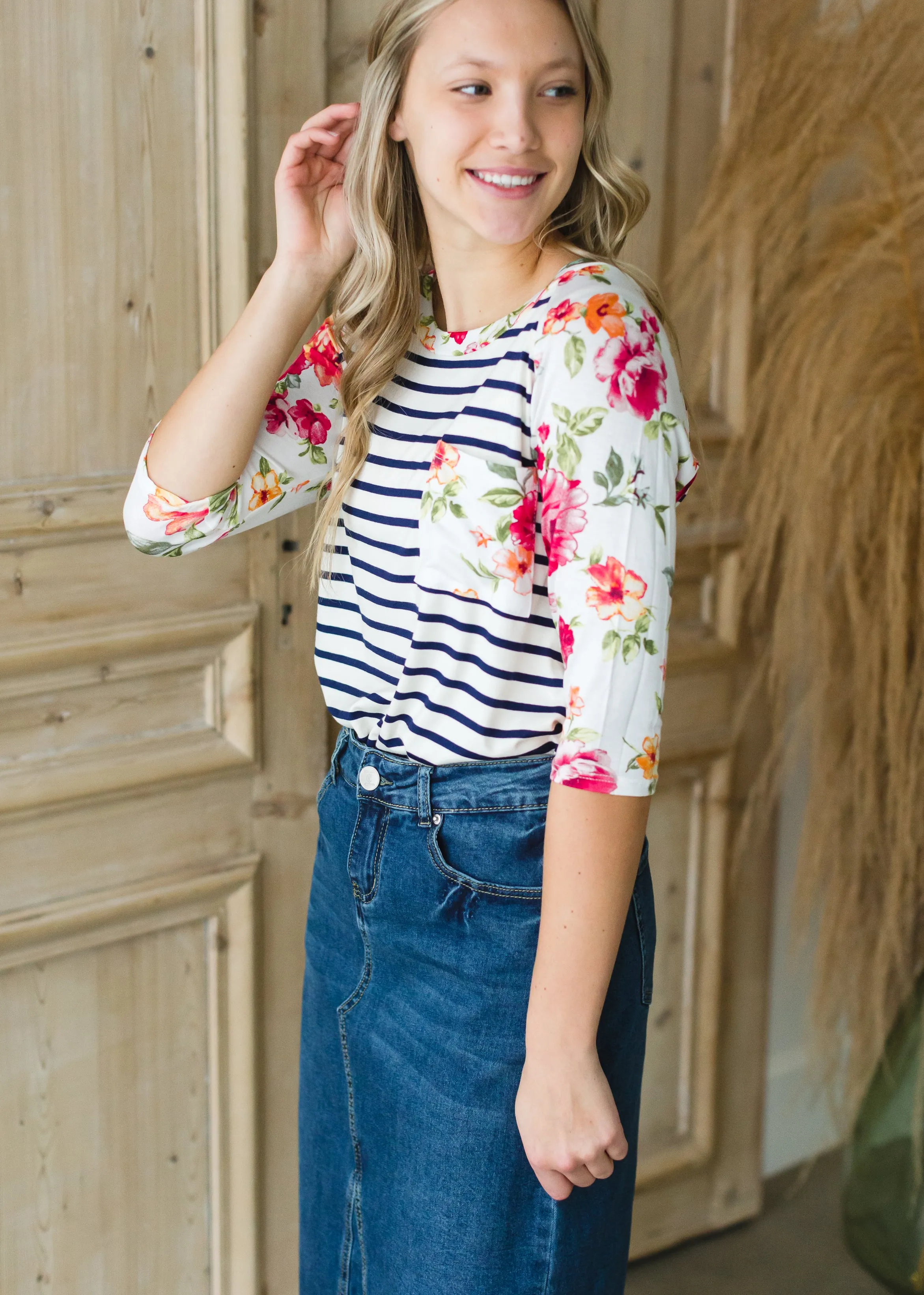 Ivory Floral   Striped Raglan Top - FINAL SALE