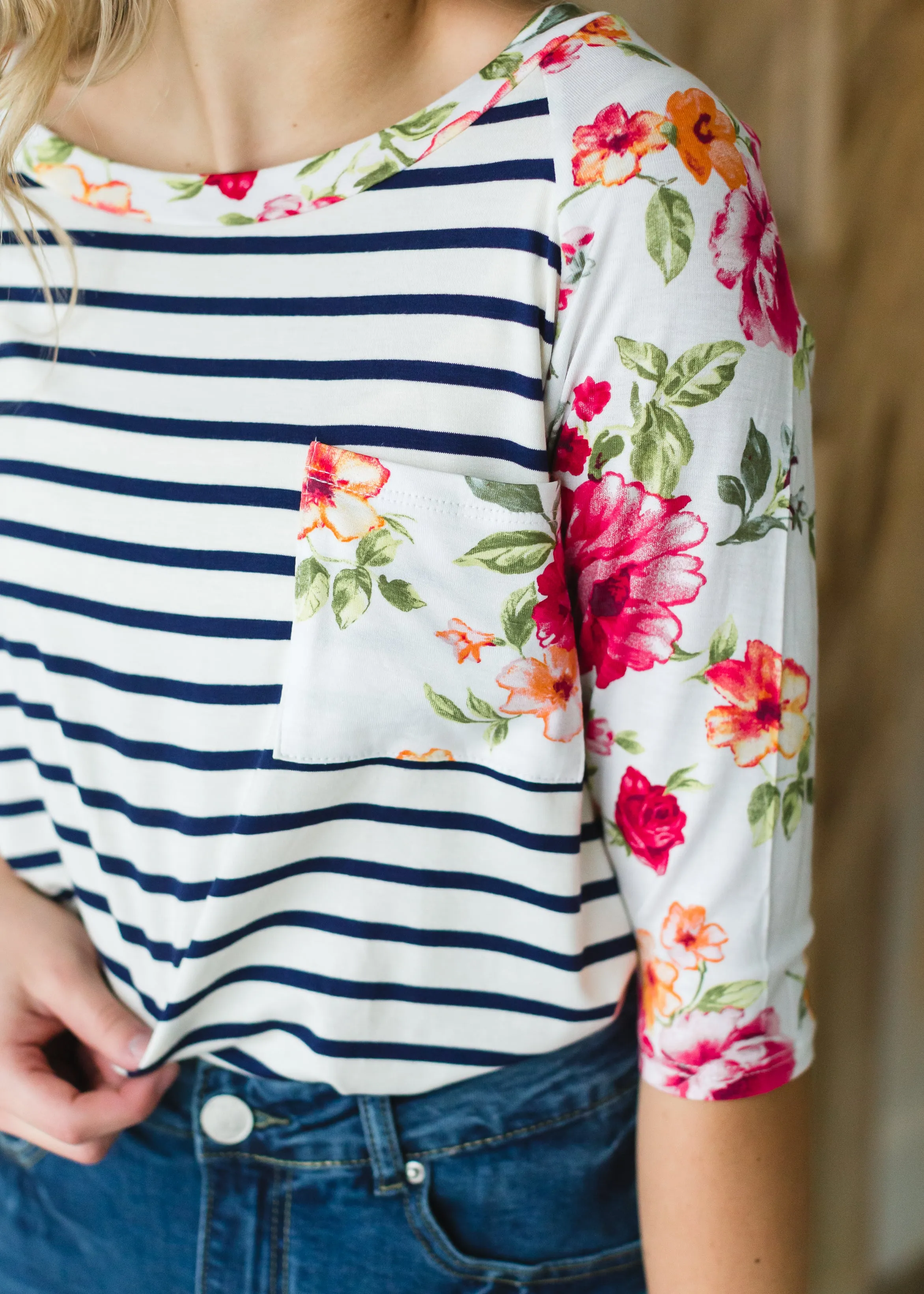 Ivory Floral   Striped Raglan Top - FINAL SALE