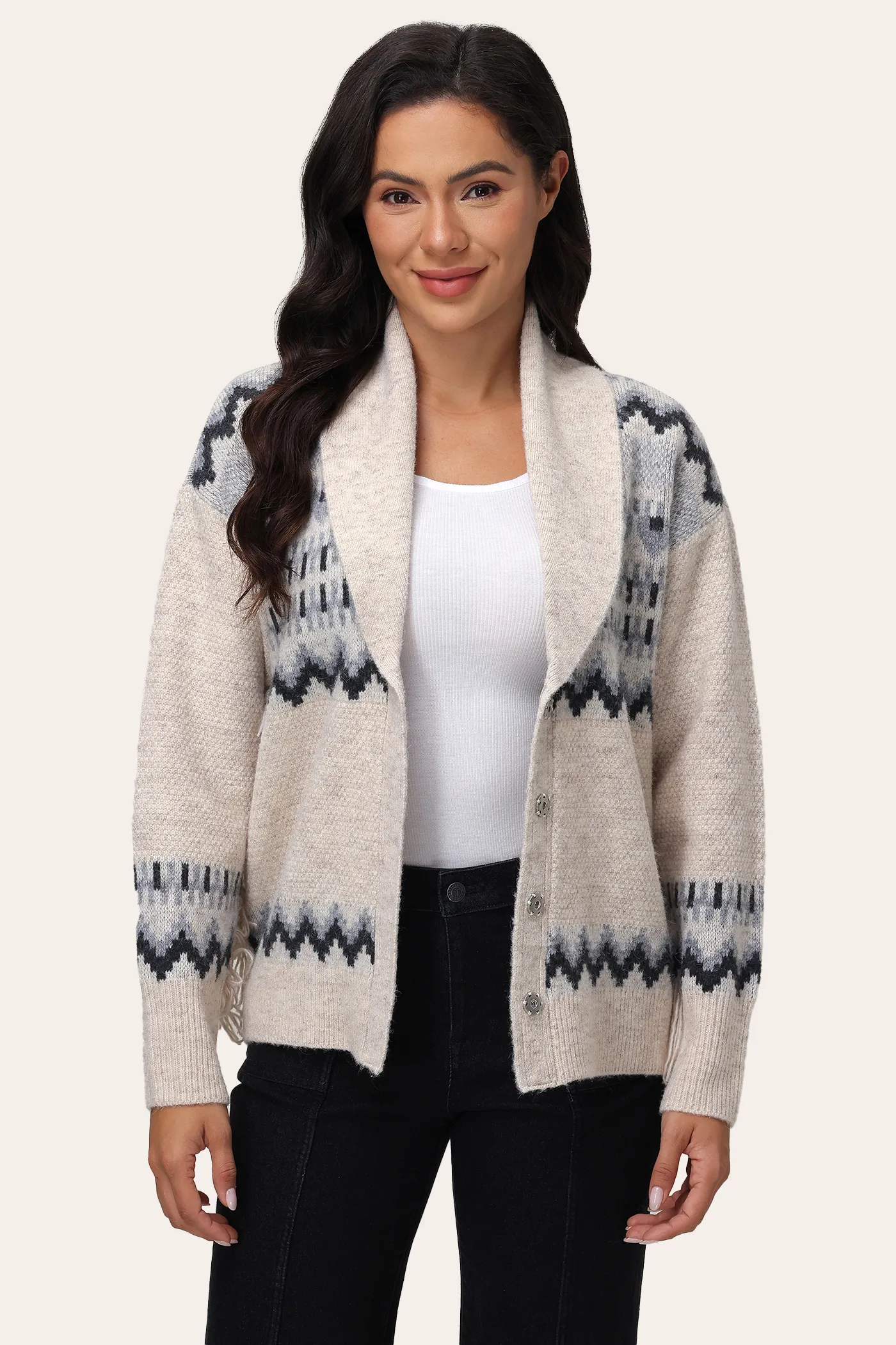 Jacquard Fringe Shawl Cardigan