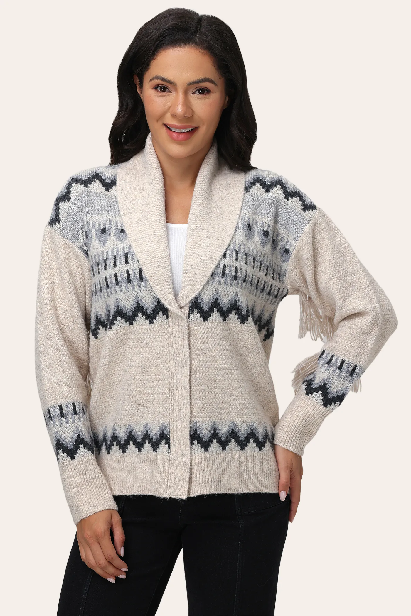 Jacquard Fringe Shawl Cardigan