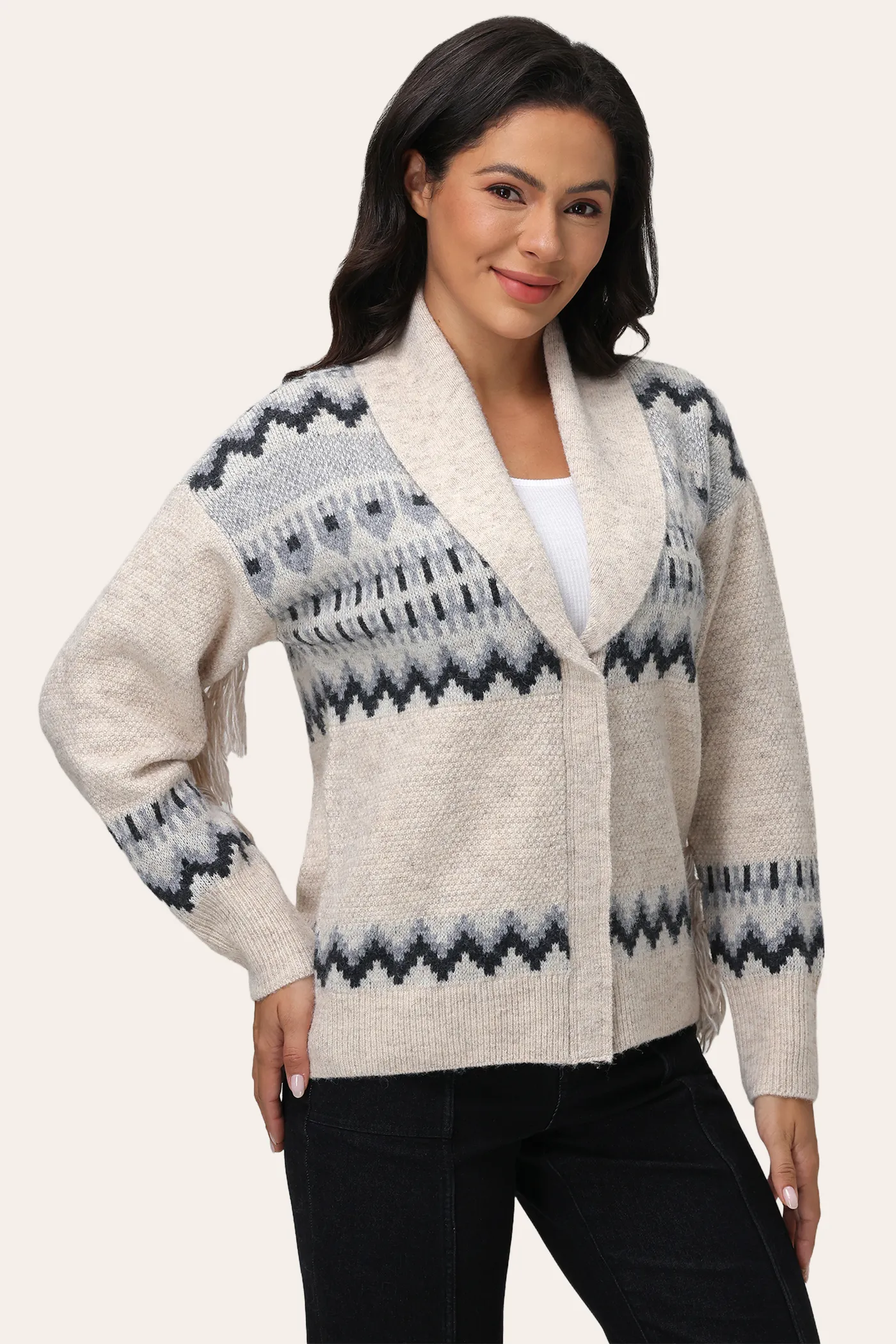 Jacquard Fringe Shawl Cardigan