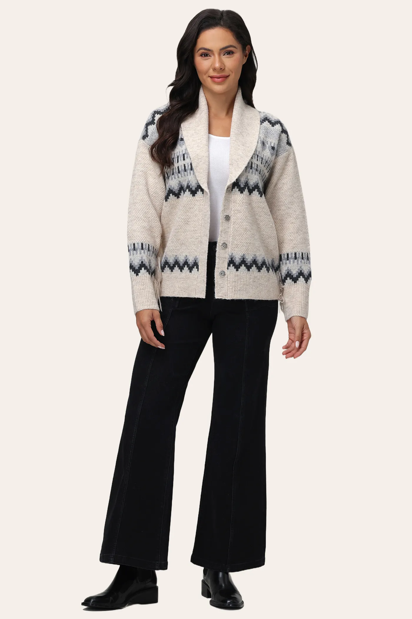 Jacquard Fringe Shawl Cardigan