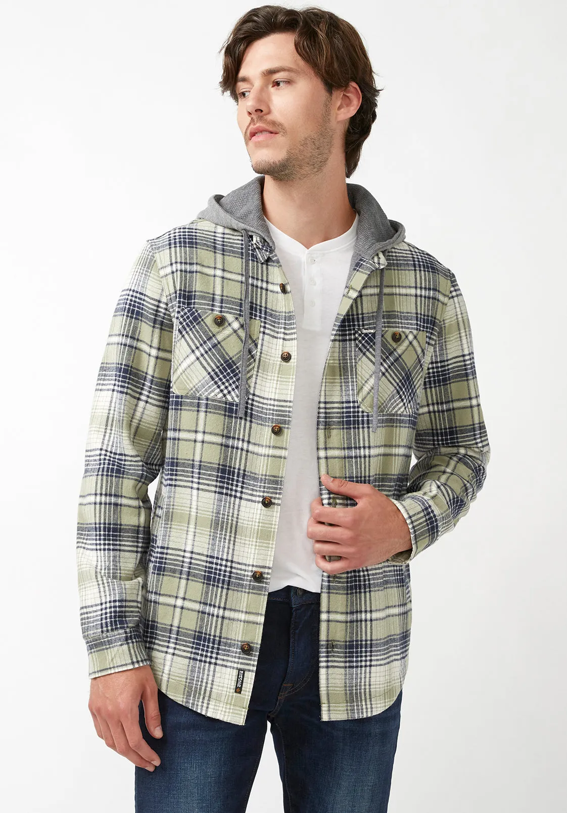 Jarvis Men's Hoodie Shacket in Green Grey Plaid - BM24218