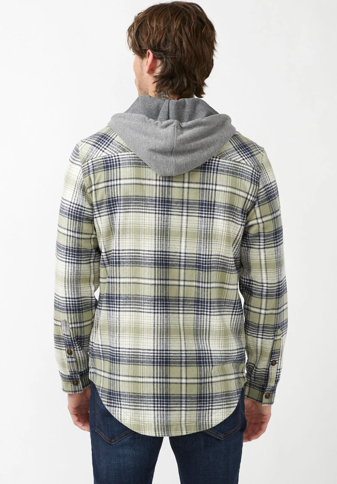 Jarvis Men's Hoodie Shacket in Green Grey Plaid - BM24218