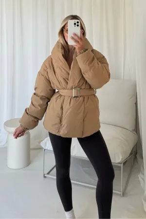 lauren taupe short belted puffer coat