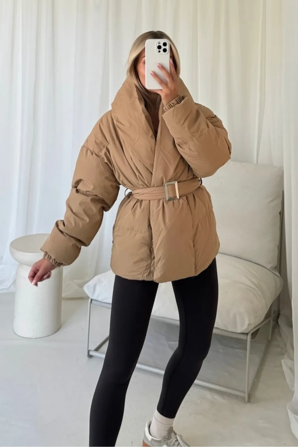 lauren taupe short belted puffer coat