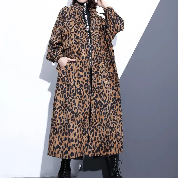 New Leopard coats plus size clothing Stand zippered trench coat women long sleeve pockets baggy cotton blended Coat