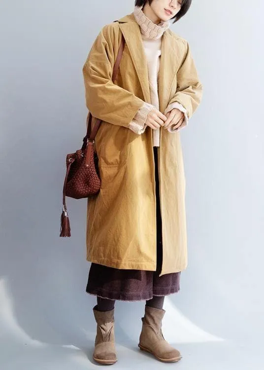 Organic yellow fine trench coat Sewing  big pockets women coats