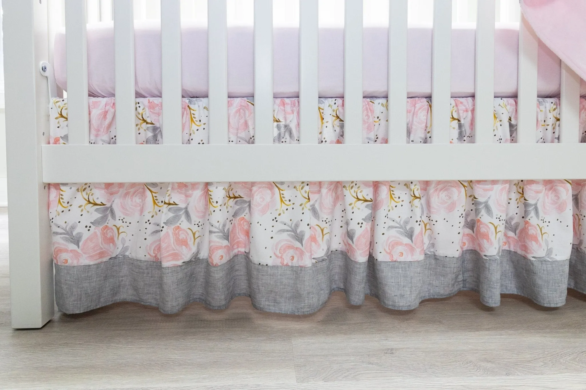 Pink and Gray Rose Crib Skirt