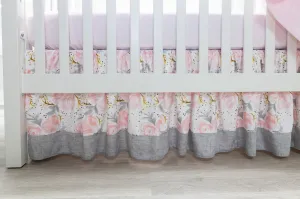 Pink and Gray Rose Crib Skirt