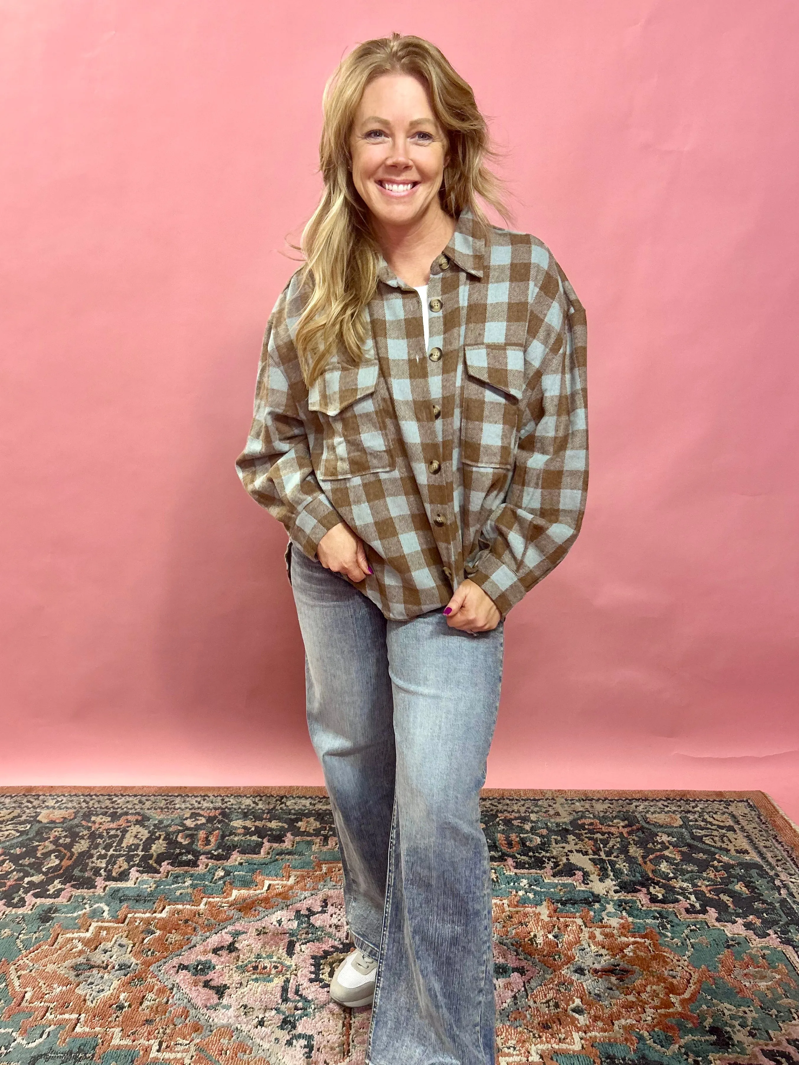 Rustic Hay Bales Plaid Button Down Top