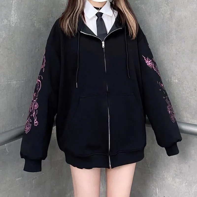 Skull and Swords Zip Up Hooded Women's Jacket: Japanese Sweatshirt Preppy Style Embroidered Baseball Long Sleeve Jacket Mall Goth