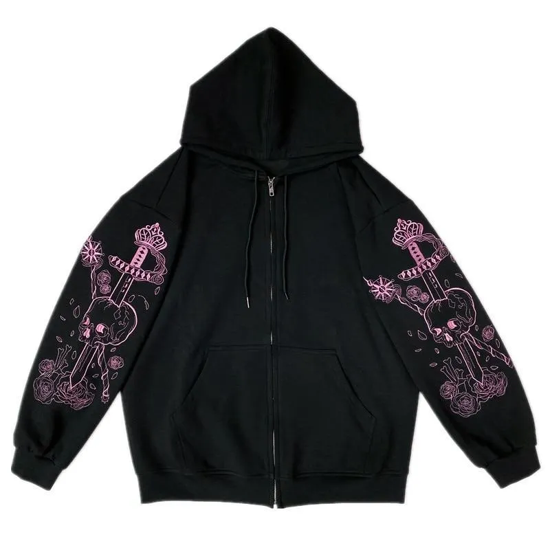 Skull and Swords Zip Up Hooded Women's Jacket: Japanese Sweatshirt Preppy Style Embroidered Baseball Long Sleeve Jacket Mall Goth