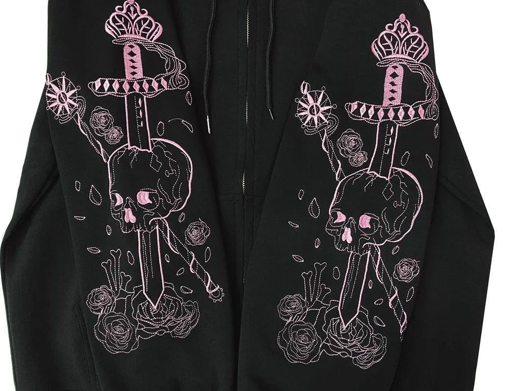 Skull and Swords Zip Up Hooded Women's Jacket: Japanese Sweatshirt Preppy Style Embroidered Baseball Long Sleeve Jacket Mall Goth