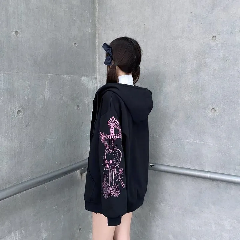 Skull and Swords Zip Up Hooded Women's Jacket: Japanese Sweatshirt Preppy Style Embroidered Baseball Long Sleeve Jacket Mall Goth