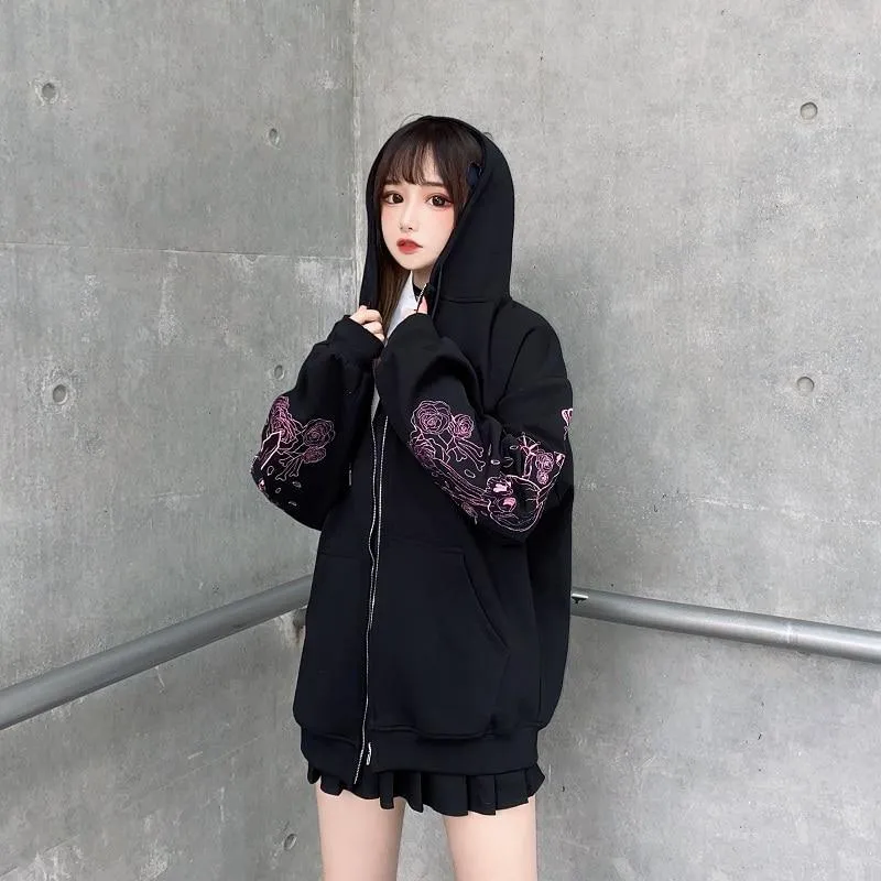 Skull and Swords Zip Up Hooded Women's Jacket: Japanese Sweatshirt Preppy Style Embroidered Baseball Long Sleeve Jacket Mall Goth