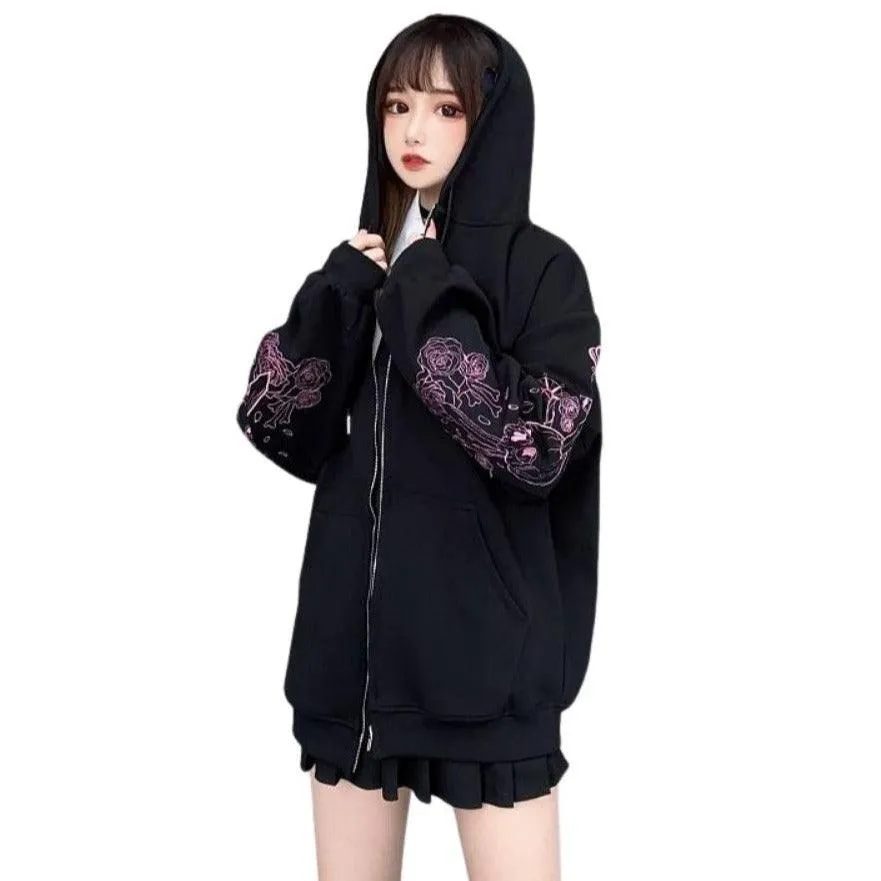 Skull and Swords Zip Up Hooded Women's Jacket: Japanese Sweatshirt Preppy Style Embroidered Baseball Long Sleeve Jacket Mall Goth