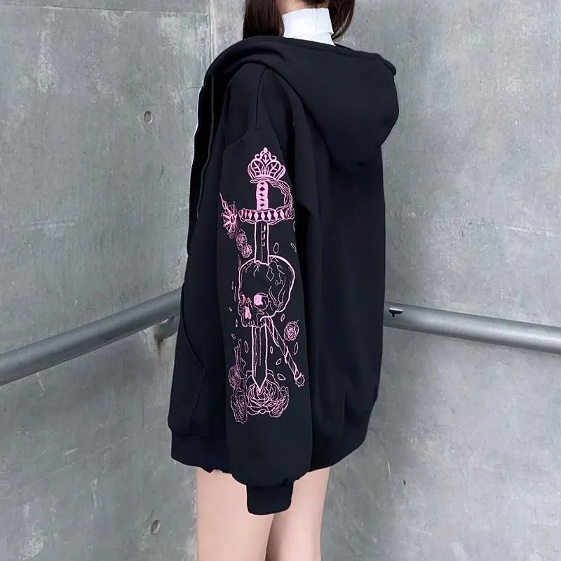 Skull and Swords Zip Up Hooded Women's Jacket: Japanese Sweatshirt Preppy Style Embroidered Baseball Long Sleeve Jacket Mall Goth