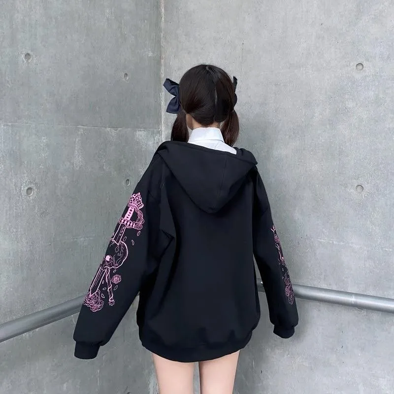 Skull and Swords Zip Up Hooded Women's Jacket: Japanese Sweatshirt Preppy Style Embroidered Baseball Long Sleeve Jacket Mall Goth