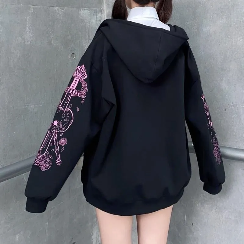 Skull and Swords Zip Up Hooded Women's Jacket: Japanese Sweatshirt Preppy Style Embroidered Baseball Long Sleeve Jacket Mall Goth